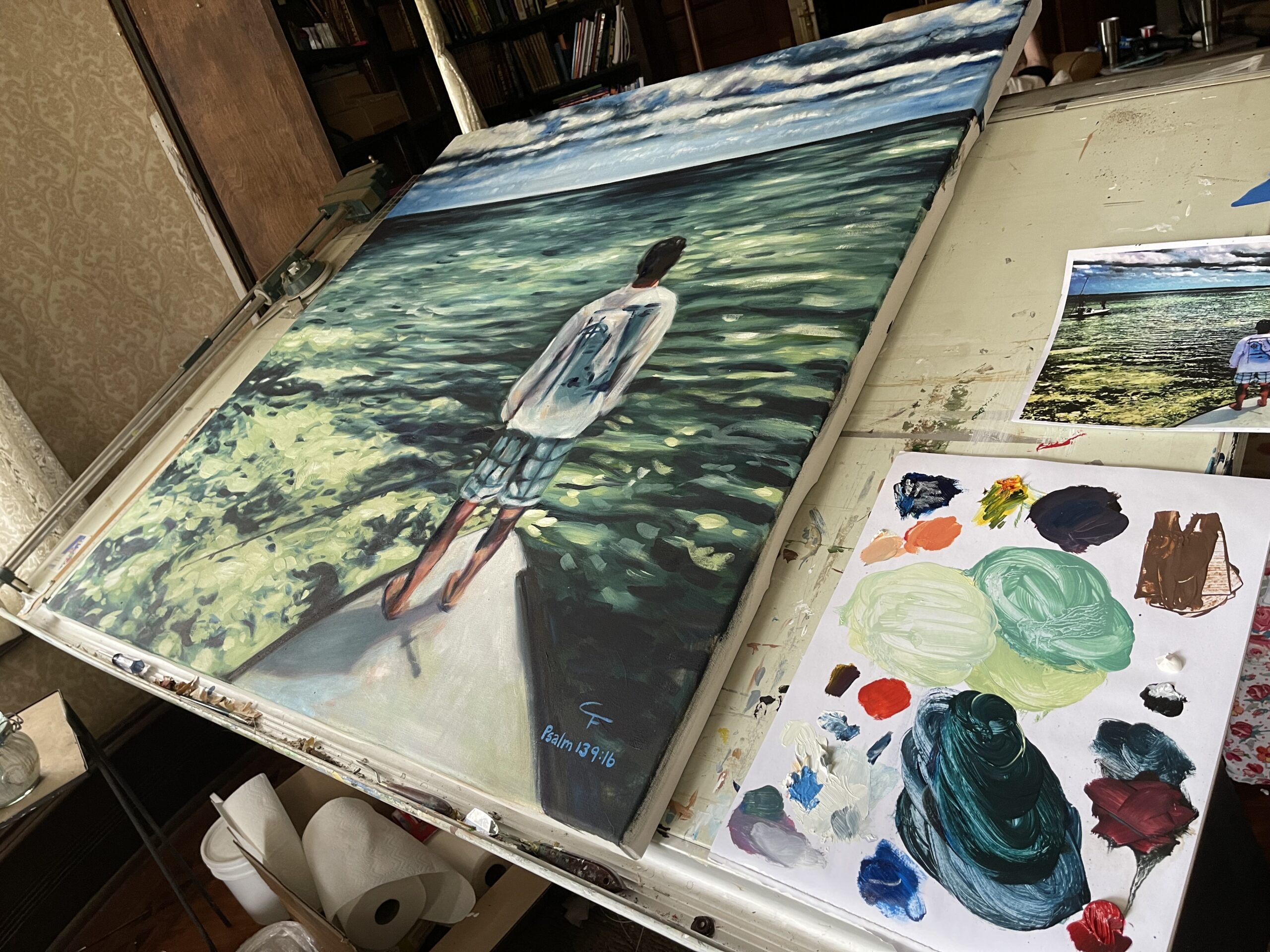 Oil Painted Landscape and Portrait of son on boat Biloxi MS by Carol Ferguson Art