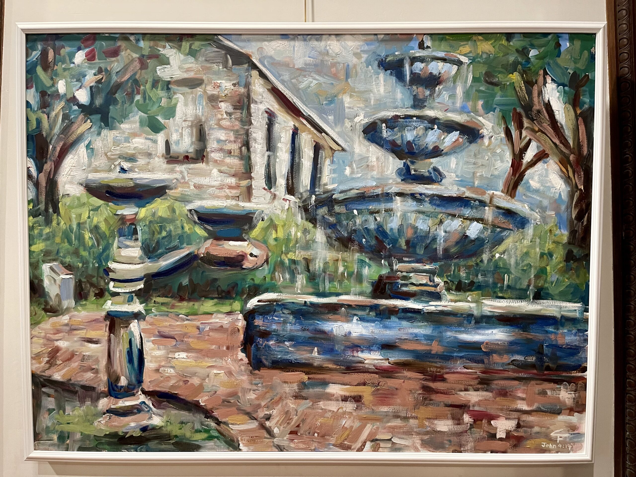 Prattville's iconic downtown fountain framed painting for sale by carol ferguson art
