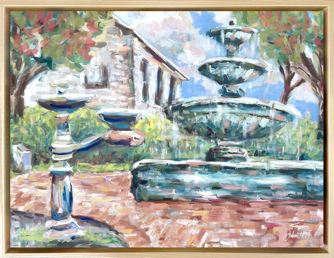 Prattville's iconic downtown fountain framed painting for sale by carol ferguson art